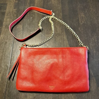 Fossil Sydney Red Leather Crossbody Handbag Gold Chain Strap Zippered Purse NWOT