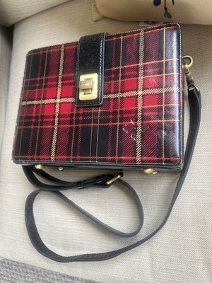 Patricia Nash Leather Crossbody Box Bag Red Black Tartan Gold Foil