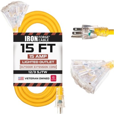 15 Ft Lighted Outdoor Extension Cord with 3 Power Outlets-12/3 Heavy Duty Cable