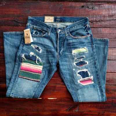 Polo Ralph Lauren The Varick Slim Straight Serape Patchwork Distressed Jeans