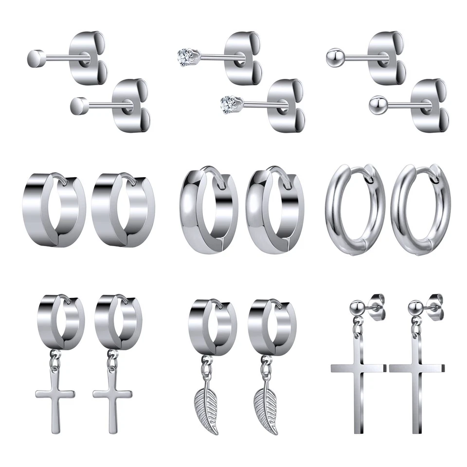 8-9 Pairs Stainless Steel Stud Earrings Black Punk Cross Earring Helix Piercings - Image 3 of 4