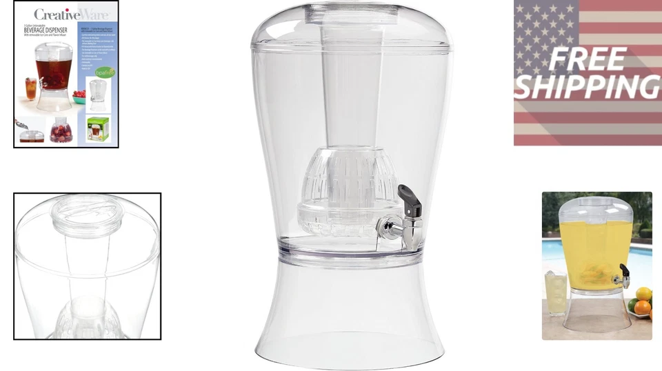 Elegante dispensador de bebidas de 3 galones con cilindro de hielo e infusor de frutas - Hecho en EE. UU. Foto 2 de 4