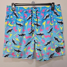 Maui  Sons Swim Trunks Pool Shorts Men XL Blue Blender Retro Neon 80s Shark Fun