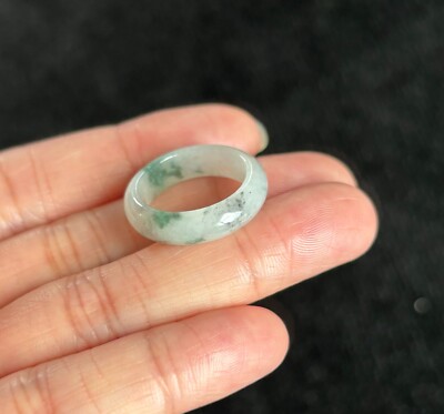 7 US Icy Floating Green & Black Wuji Jadeite Jade Ring, 100% Untreated Certified