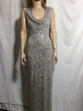 Women's NWT Adrianna Papell Beaded Silver Cowl-Neck Evening Formal Dress