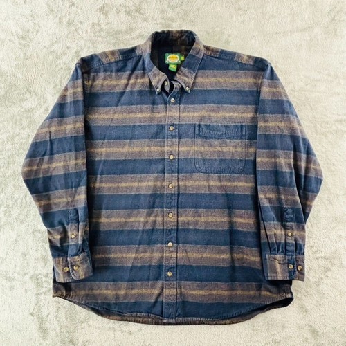Cabelas Chamois Shirt Mens 2XL Tall Navy Brown Stripe Long Sleeve Heavyweight