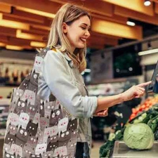 Grey Kitty Print Reusable Shopping Bag, Large Capacity