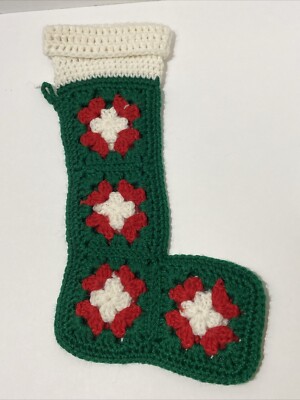 Vintage Handmade Knitted Fabric Christmas Stocking Granny Square Cotton 15-5/8 