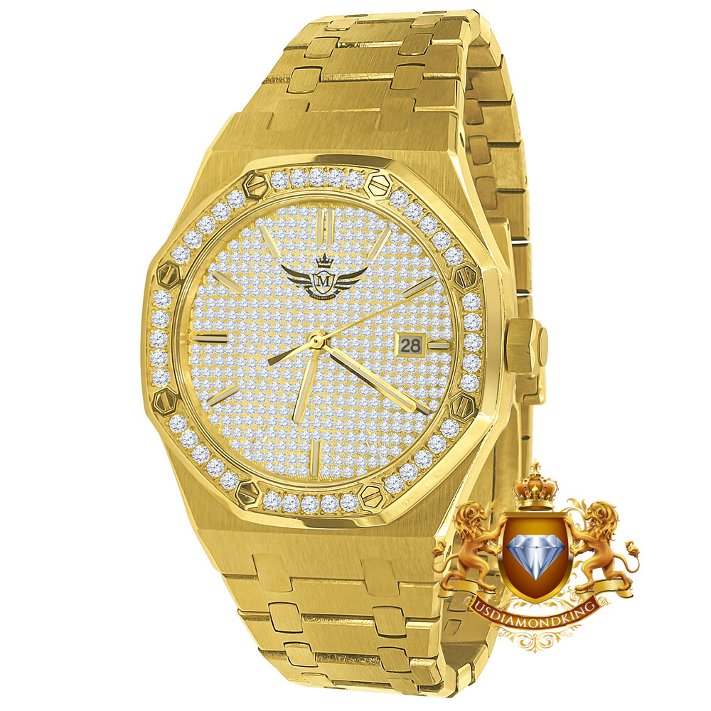 Montre Homme Maçonnique - Finition Or Jaune, Simili Diamants, Bracelet Cuir, Neuve Sans étiquette