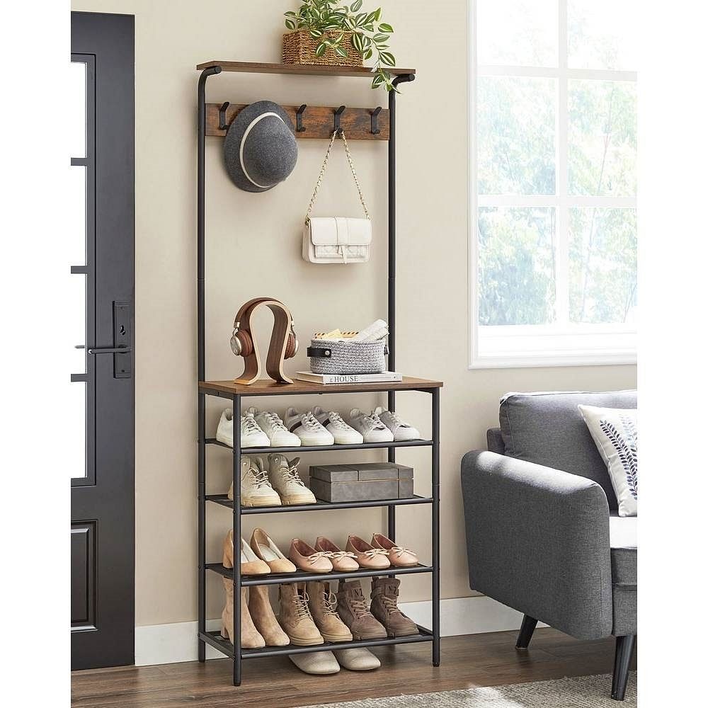 Sleek Industrial Hall Tree Coat & Shoe Rack with 4 Shelves