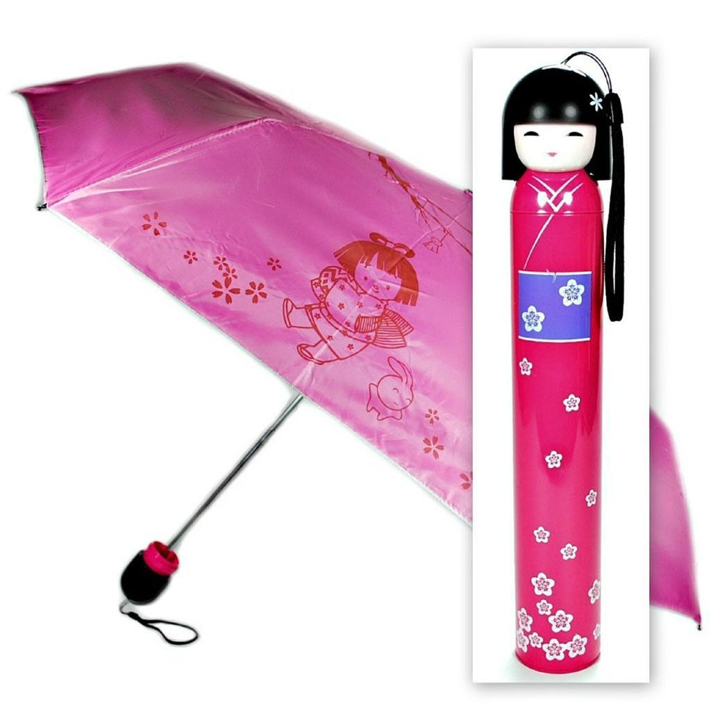 KOKESHI DOLL UMBRELLA Pink Folding w Hard Case Geisha Girl