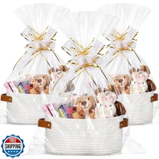 Colingmill 3 Pack Small Woven Basket for Gifts with Handles Clear Bags and Ri