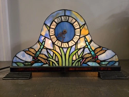 Vintage Tiffany Style Stained Glass Desk Clock  Lamp With Dragonflies