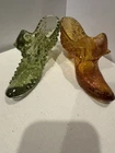 Vintage Fenton Hobnail Glass Amber  Slipper Shoe & Olive Green Victorian Slipper