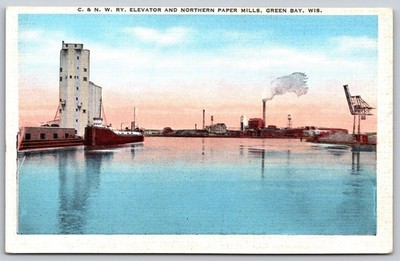 Green Bay WI C&NW Ry Elevator Northern Paper Mills Waterfront Postcard E. C E153