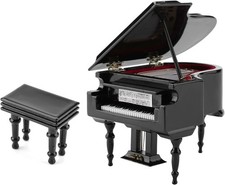 Miniature Grand Piano Model with Bench & Display Case - Black Wooden Desk Decor