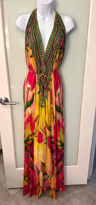 SHAHIDA PARIDES Boho Rhinestone Beaded  3-Way Convertible Silk Maxi Dress O/S