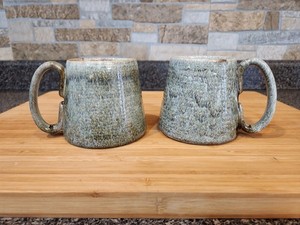 2-Handcrafted Barcela stoneware mugs mottled light blue and green glaze finish.