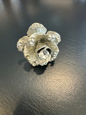 Silver Tone Large Rose Adjustable Ring With Clear Crystals -