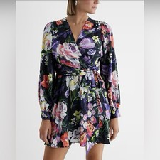 EXPRESS Floral V-Neck Long Sleeve Tie Waist Mini Dress NWT Size Small