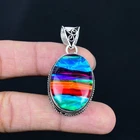 Dichroic Glass 925 Sterling Silver Oval Gemstone Vintage Pendant 2.1" VP 3541