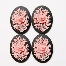 6 Vintage Pink /Black 30x22mm Blooming 3D Roses Leaves Resin Cameos Cabochons