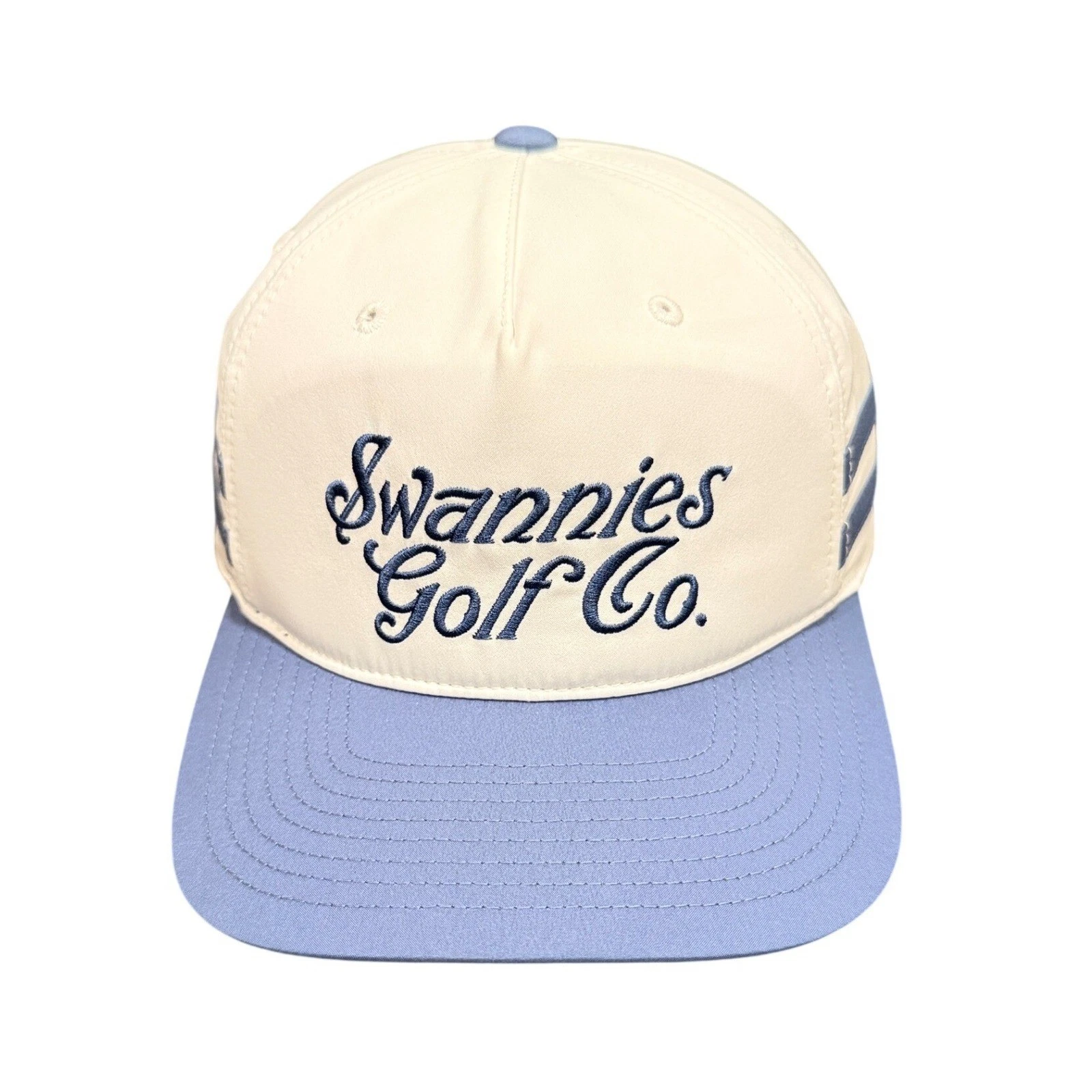 Swannies Golf Co Hat Mens Snapback Script Logo Striped White Blue New