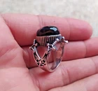 Ancient Vintage Victorian Sterling Silver Ring Natural Black Onyx Stone Size 9