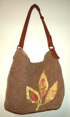 The Sak Woven Purse Brown Beige Handbag Hobo Shoulder Bag Embroidered Leaves