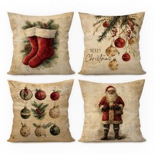 Vintage Christmas Throw Pillow Covers 18x18 Set of 4, Farmhouse Winter Holida...