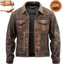 Trucker Jacket For Men Lambskin Distressed Brown Vintage Style Leather Jacket