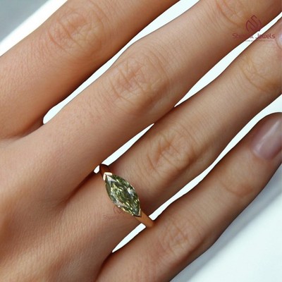 1Ct Marquise Cut Green Lab Diamond Engagement Ring 10K Yellow Gold IGI Certified
