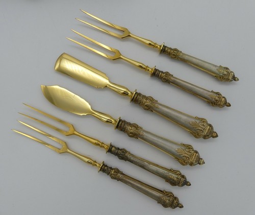 Antique Serving Cutlery 6 PC IN The Box By 1892 Silbergriffe And Teilvergoldung - Picture 4 of 6