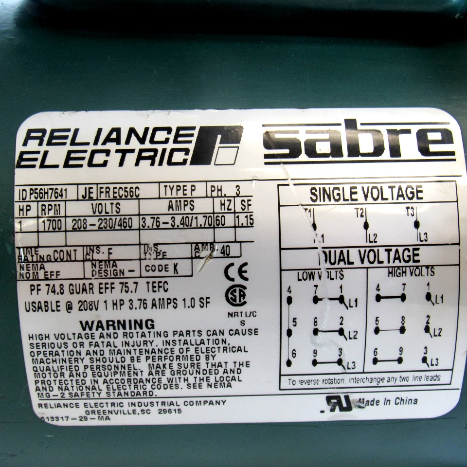 Reliance Electric P56H7641 Sabre Electric Motor, 3-Phase, 1HP, 1700RPM, 208-230/ - Image 3 of 3