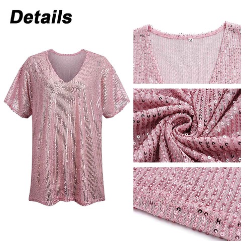 Women Sequin V-Neck Tunic Tops Glitter Shiny Short Sleeve Party T-Shirt Blouse - Picture 16 of 26
