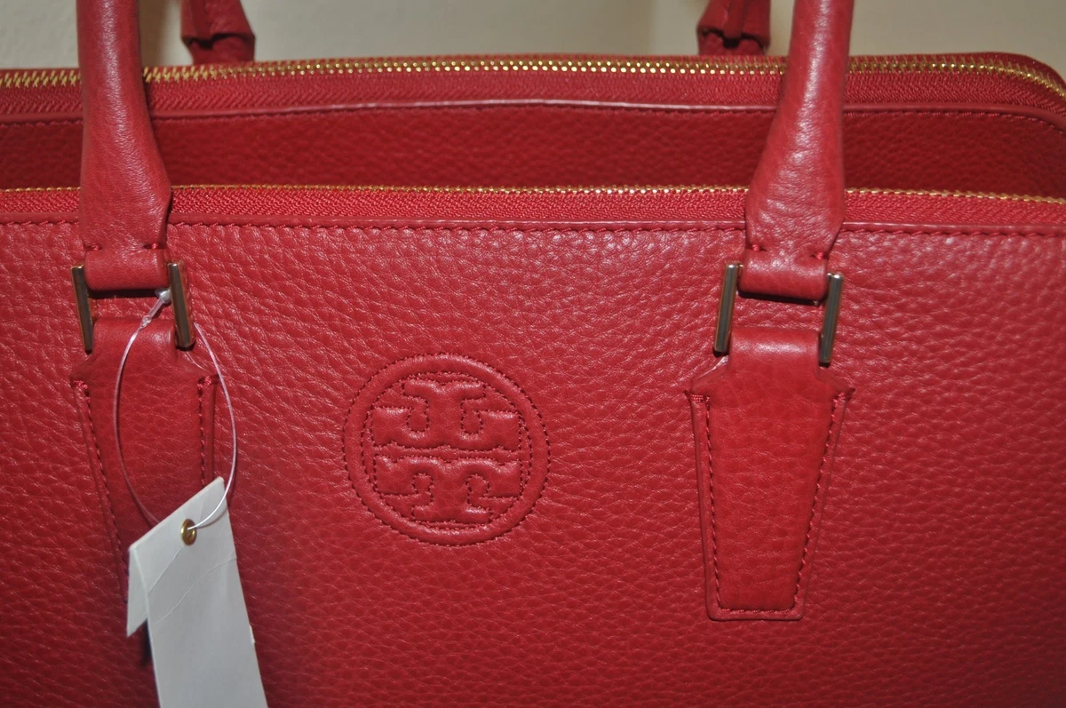 NEW 495 Tory Burch MARION Triple Zip Satchel Bag Pebbled RED Leather Handbag