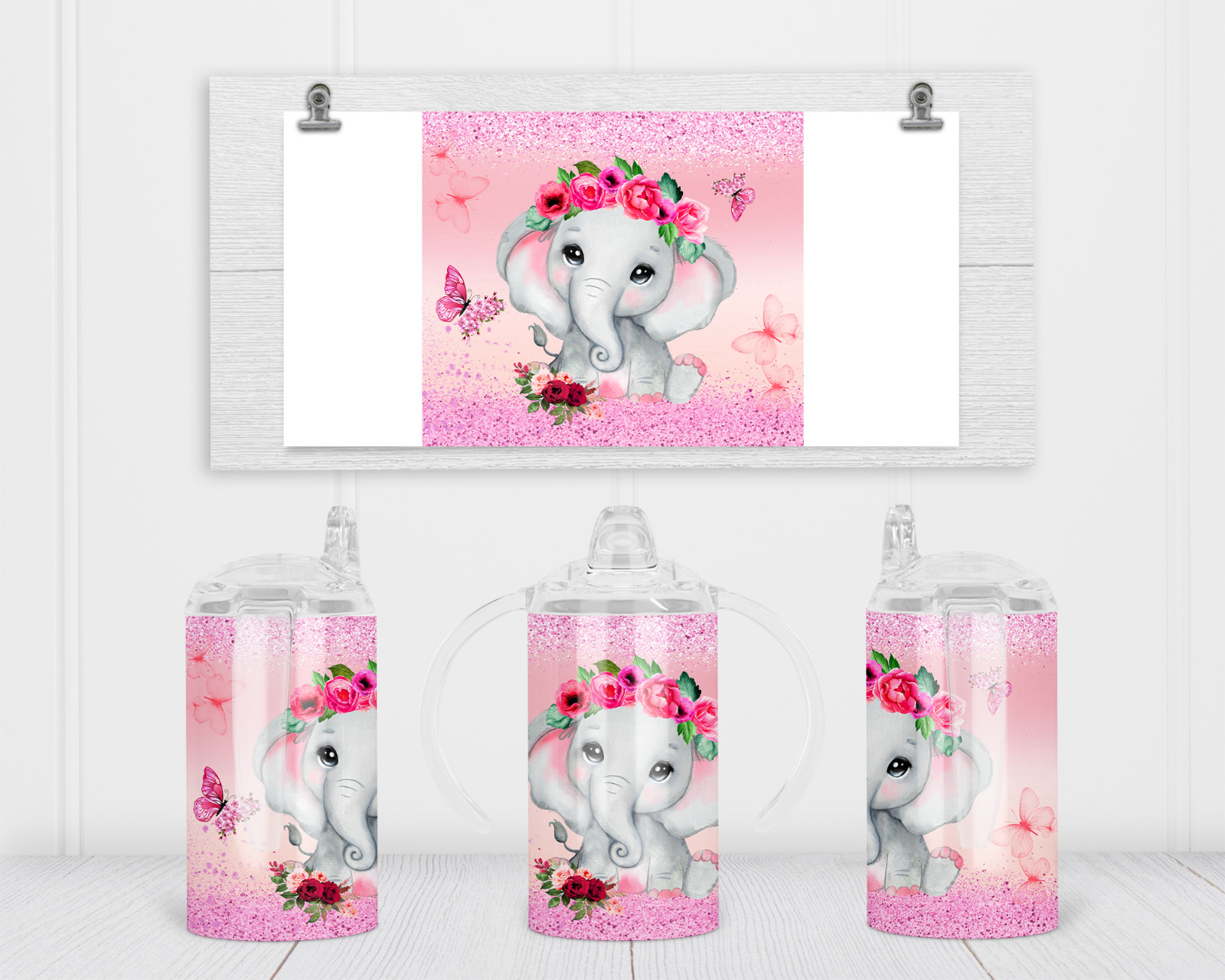 Pink Butterfly Elephant Sippy Cup - 12 Fl Oz - Screw On Lid 