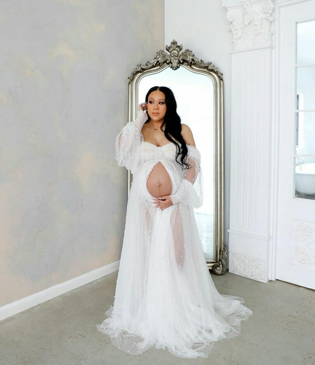 Pearl Tulle Maternity Dress Front Split Long Sleeve Maternity Photoshoot  Outfits