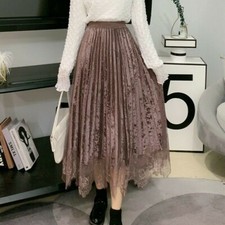 Damen Mittellang Röcke Pleuche Samt Spitze Netz Plissiert Hohe Taille Elegant
