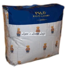 RALPH LAUREN POLO Teddy Bear Boy Blue Stripe KING COMFORTER SET 3P Rugby Shirt