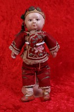 alte asiatische Porzellan Kopf Puppe 26 cm Stoffkörper Leinen-Samt-Kleidung