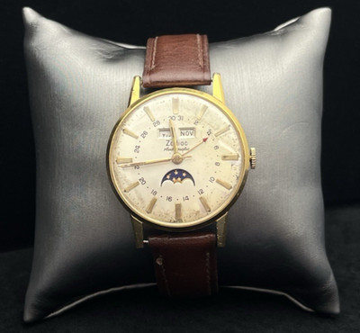 Vintage 1960s Zodiac Triple Date Moon Phase Automatic Mens Dress Watch, Restored