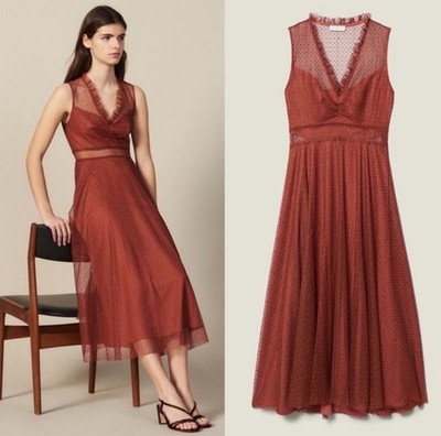 SANDRO Cassy A-line Dress Women's Midi Tulle Lined Ruffle in Rust-EU 38 NWOT!