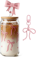 Glasbecher Mit Deckel Und Strohhalmen, Rosa Schleife Eiskaffeebecher,Vielseitige
