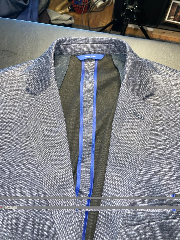 Apt 9 Premier Flex Performance 46R Slim Fit Ash Blue Plaid Suit Jacket Blazer - Image 2 of 4