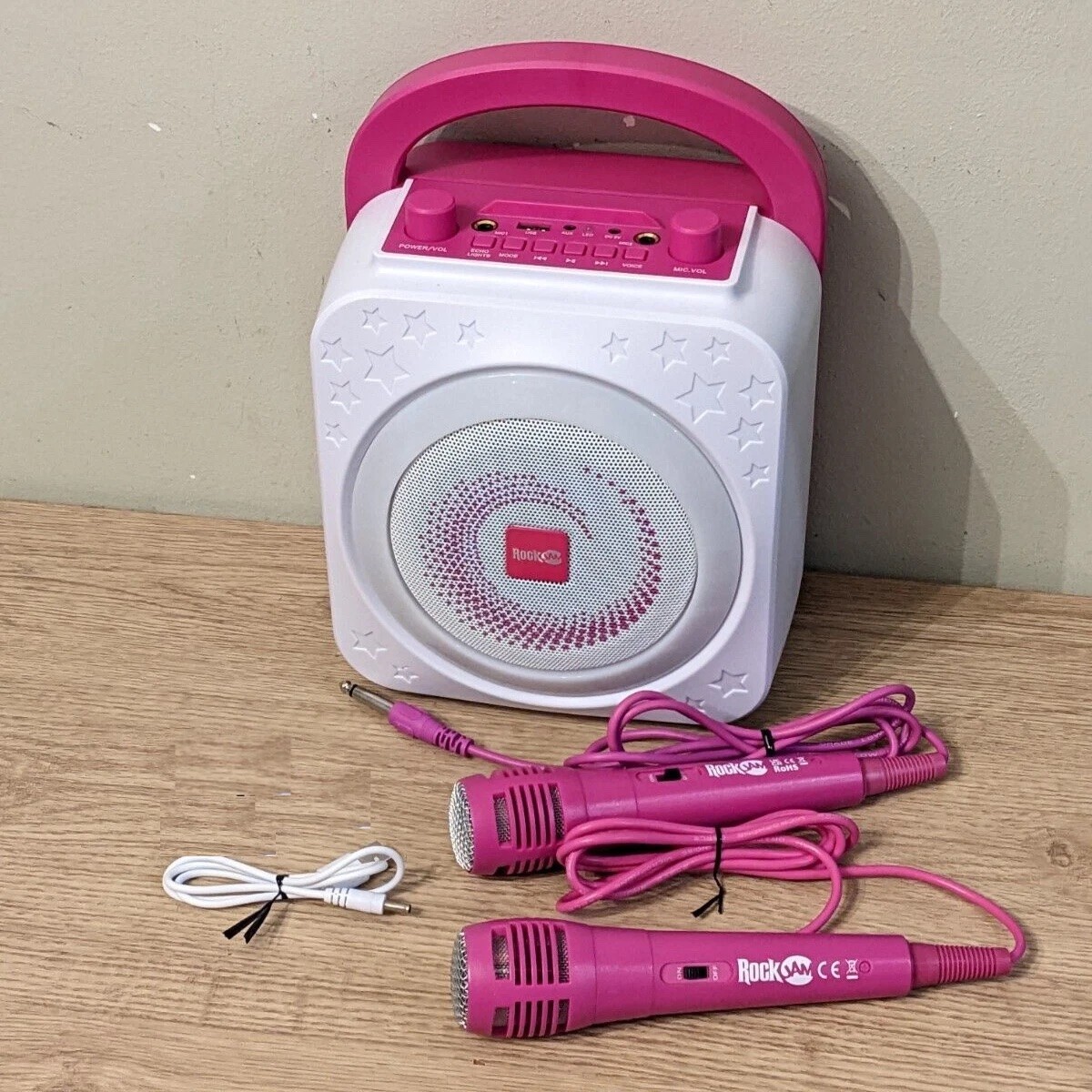 RockJam Bluetooth karaoke party machine speaker 2 microphones LED 10W pink