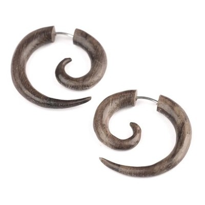81stgeneration Fake Ear Stretcher Earrings Wood 25 mm Round Spiral Tribal