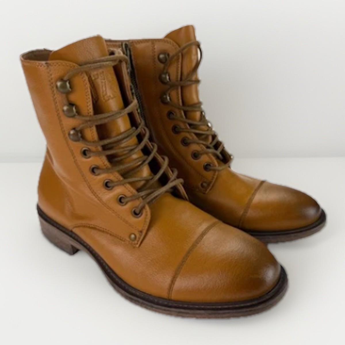 J75 Jump Mens Cylinder Brown Leather Boots Sz 8 Lace Up Zip  display picture 3