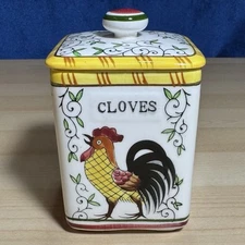 Py UCAGCO EARLY PROVINCIAL ROOSTER & ROSES CLOVES SPICE JAR W/STICKER