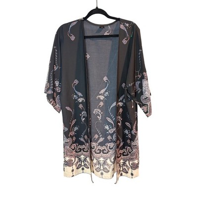 I Joah Black Paisley Kimono Cardigan Womens Large Open Front Lightweight Boho